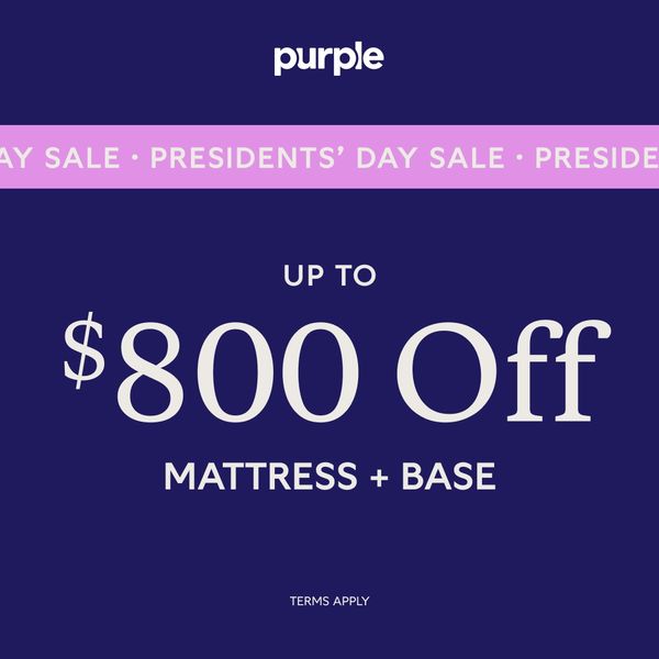 A static advertisement against a dark blue background. At the top, a thin pink bar displays text related to a Presidents' Day sale. Large white text in the center states "UP TO $800 Off". Below this, the text reads "MATTRESS + BASE". The brand's logo is positioned in the upper right corner.
