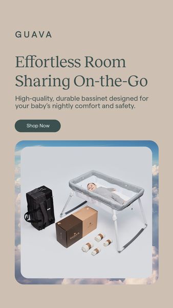 The ad features a light-colored background with text and product images. At the top left, the brand name is displayed. Below it, the headline 'Effortless Room Sharing On-the-Go' is shown in large, bold text. Descriptive text follows, along with a 'Shop Now' button. The focal point is a baby bassinet, a travel bag and a set of boxes, and rolled up items. The bassinet features a baby lying inside it. The overall composition is clean, modern, and product-focused.