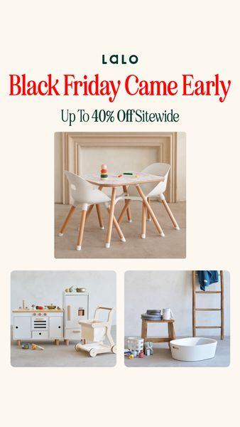 The ad features a light, airy, and clean aesthetic. The top portion has the brand name in green, and the text "Black Friday Came Early" in prominent red and a discount offer below. The central part showcases a set of kids' furniture and chairs. Below are three smaller images showcasing various products. The ad uses a neutral color palette, with a primary emphasis on the products. The overall composition is well-lit and inviting.