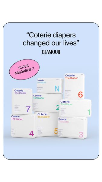 The ad features stacks of diaper packages with prominent size numbers (1-7 and N) and a headline that reads: Coterie diapers changed our lives, along with the Glamour logo. A pink oval with the words SUPER ABSORBENT! is in the upper left corner.