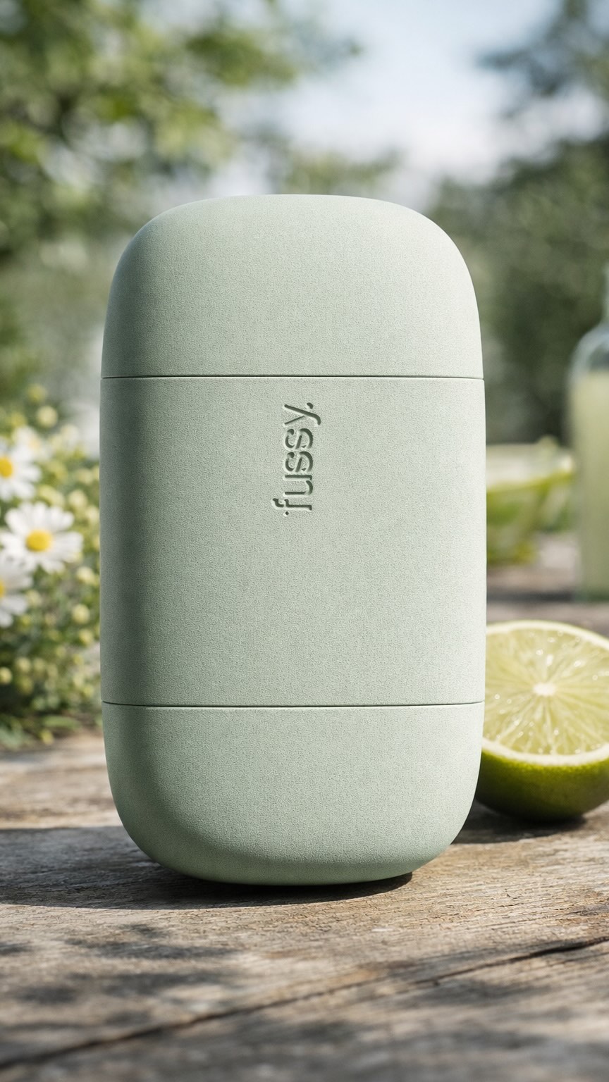 A light green, cylindrical deodorant container with the brand name "fussy." embossed on its side is shown in a close-up, outdoor setting. The container sits on a rustic wooden table, with blurred greenery and daisies in the background, and a lime wedge and a glass of liquid to the right. The text "🌱 Natural Ingredients ✊ Actually Works 🌍 Planet Friendly 💪 Easy Peasy #ad My favorite so far 💚 Let’s refill together @getfussy #getfussy #deodorant #products #fussy" is overlaid on the image.