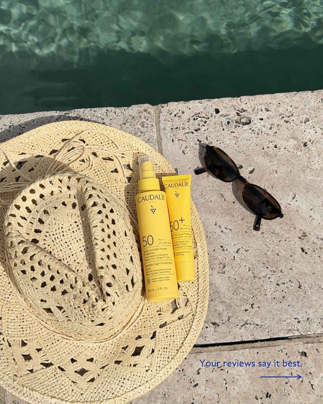 A flat lay composition features a straw hat, two Caudalie sunscreen products (a spray and a tube), and a pair of sunglasses. The items are arranged on a stone surface next to a body of water. The text "Your reviews say it best." is overlaid on the bottom right of the image, suggesting customer satisfaction with the products.