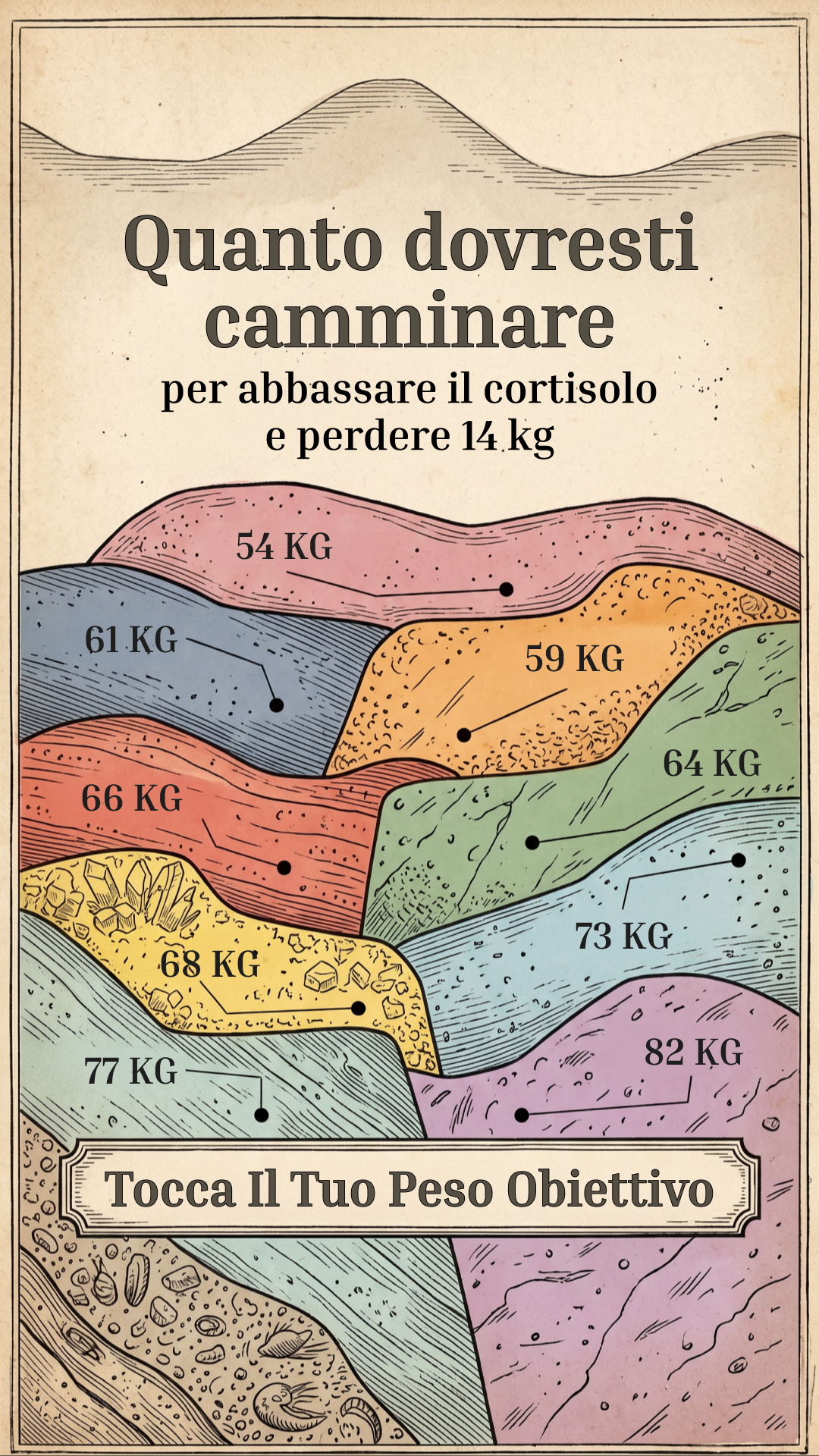This is an illustrated infographic with a vintage aesthetic. The top of the image features a headline in large, dark font that reads "Quanto dovresti camminare per abbassare il cortisolo e perdere 14 kg" (How much should you walk to lower cortisol and lose 14 kg). Below the headline, the illustration depicts rolling hills or geological layers in various pastel colors. Each layer is labeled with a weight in kilograms, ranging from 54 KG to 82 KG, with black dots indicating specific points on each layer. At the bottom, a decorative banner contains the text "Tocca Il Tuo Peso Obiettivo" (Touch Your Target Weight).
