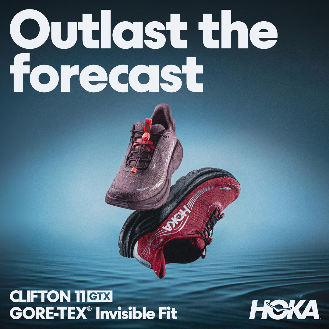 Two Hoka Clifton 11 GTX running shoes are shown floating above a reflective surface that mimics water. The shoes are a deep purple and a vibrant red. White text at the top of the image reads "Outlast the forecast". Below the shoes, white text states "CLIFTON 11 GTX GORE-TEX® Invisible Fit". The Hoka logo is visible in the bottom right corner.