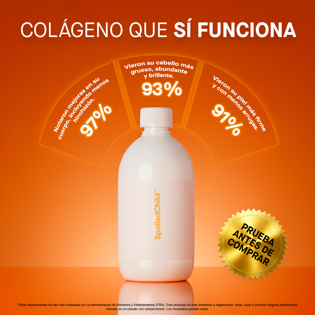 A white bottle of SpoiledChild collagen is centered on an orange background. Three curved text boxes with statistics are placed around the bottle. The left box states "Notaron mejoras en su cuerpo, incluyendo menos hinchazón. 97%". The top box states "Vieron su cabello más grueso, abundante y brillante. 93%". The right box states "Vieron su piel más firme y con menos arrugas. 91%". A gold seal with the text "PRUEBA ANTES DE COMPRAR" is on the right side of the bottle.
