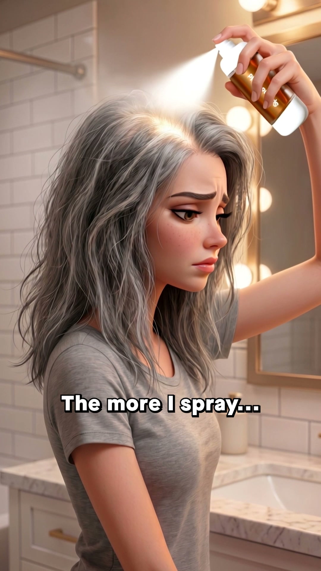 A stylized, animated woman with long, gray, wavy hair is in a bathroom, spraying a product onto her scalp. She has a concerned expression on her face. The text "The more I spray..." is overlaid on her t-shirt. The creative implies a struggle or uncertainty with the product's application or effect, hinting at a personal experience.