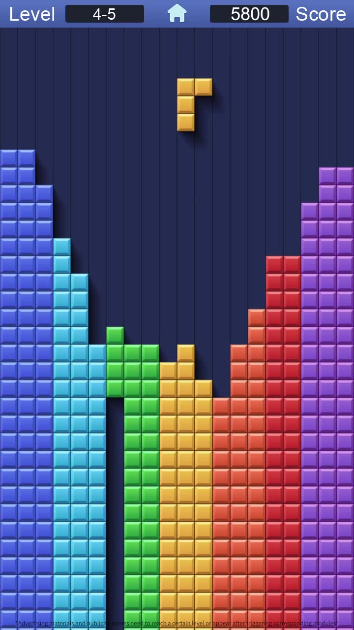 The creative displays a screenshot of a mobile game that resembles Tetris, with colorful blocks falling from the top of the screen. The game interface shows the current level as '4-5' and the score as '5800'. The main text overlay prominently states 'Free To Play', indicating that the game can be downloaded and played without any cost. The overall visual is clean and focuses on the gameplay interface.