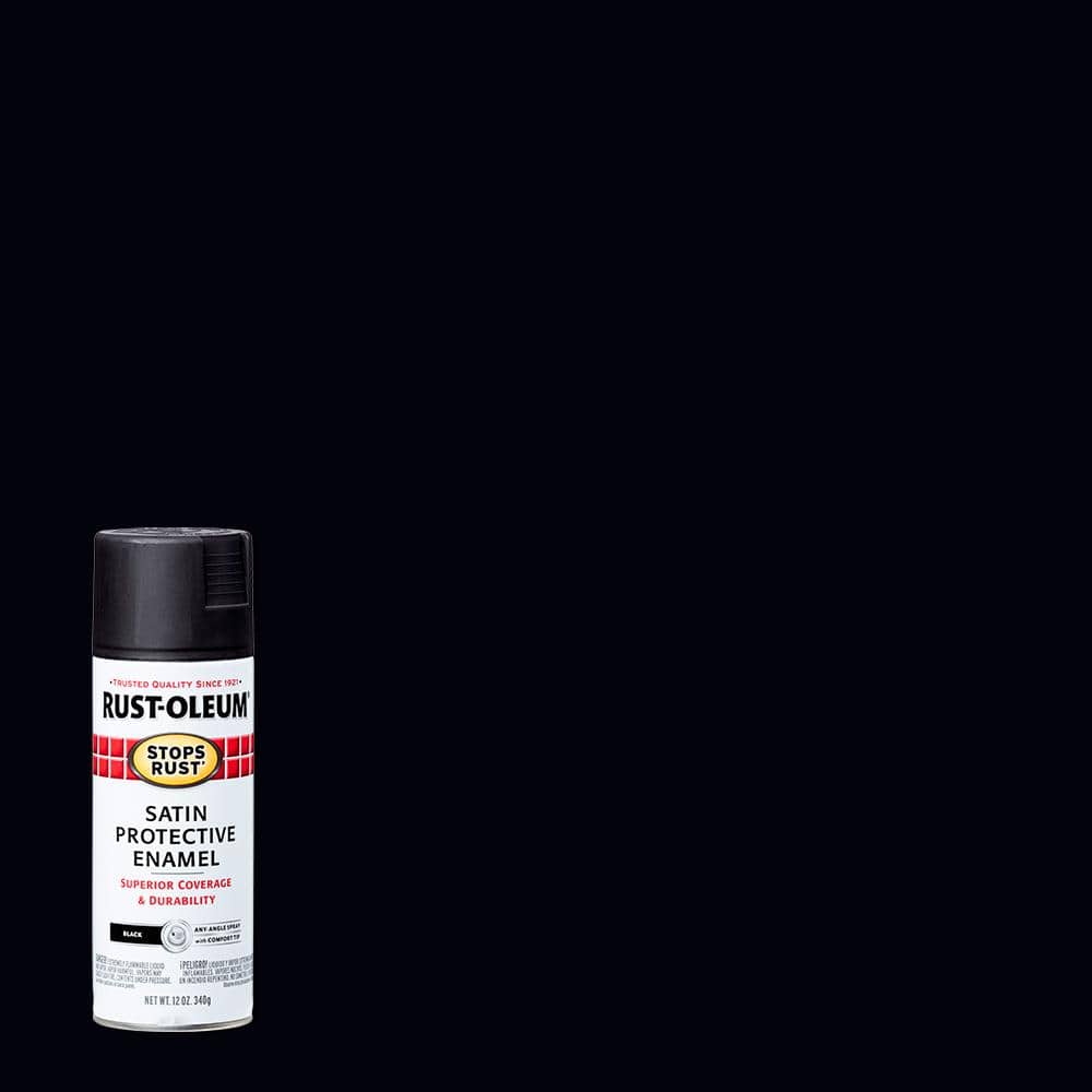 A can of Rust-Oleum Satin Protective Enamel spray paint in black is shown against a plain black background. The can is positioned on the left side of the frame, with its label clearly visible. The label features the Rust-Oleum logo, the "Stops Rust" emblem, and text indicating "Satin Protective Enamel" with claims of "Superior Coverage & Durability." The hook "Rust-Oleum makes DIY easy" is overlaid on the image.