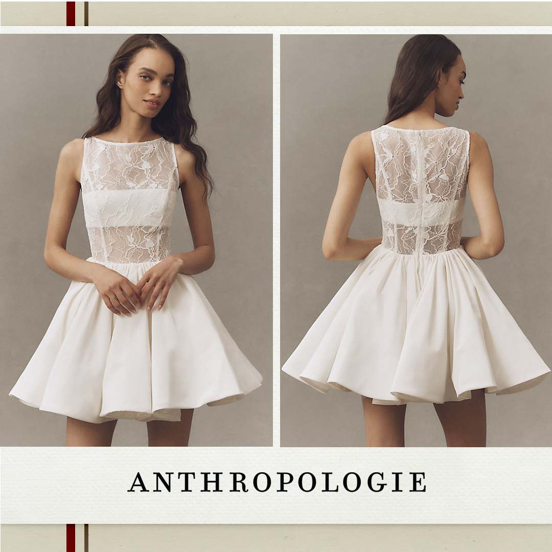 This ad features a split-screen view of a model wearing a white, short, sleeveless dress with a lace bodice and a full skirt. The left side shows the model from the front, and the right side shows her from the back. The text "ANTHROPOLOGIE" is displayed prominently at the bottom of the creative. The copy emphasizes the quality and attention to detail in the clothing offered by the brand.