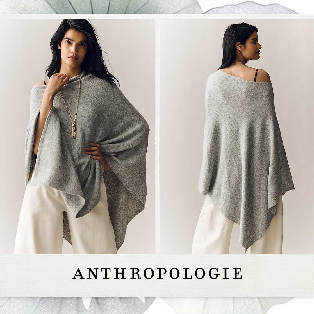 The creative features a model wearing a grey poncho and white pants. The image is split into two views: a front view and a back view of the model. The text "ANTHROPOLOGIE" is displayed prominently at the bottom of the image. The overall aesthetic is sophisticated and fashion-forward, aiming to inspire viewers with stylish apparel.