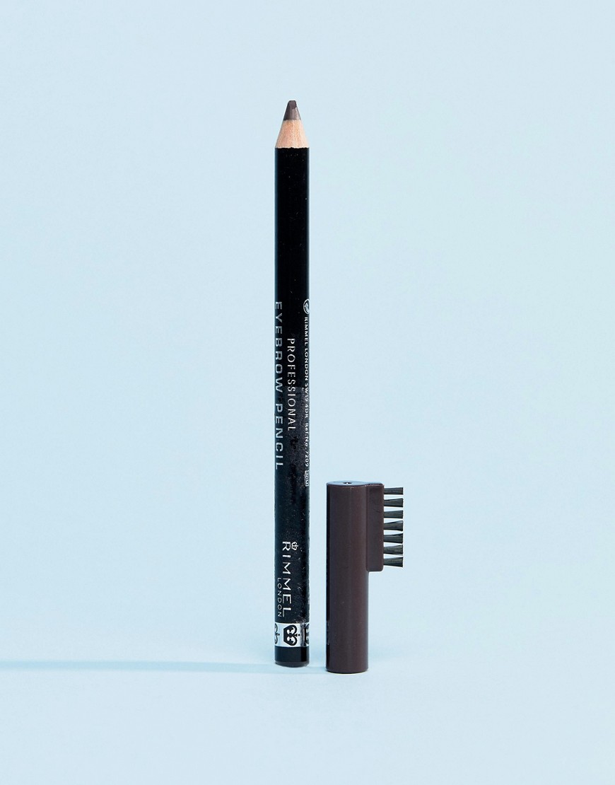 A Rimmel London Professional Eyebrow Pencil in black is shown against a light blue background. The pencil is sharpened and standing upright, with its cap, which has a small brush attached, lying next to it. The text "RIMMEL LONDON PROFESSIONAL EYEBROW PENCIL" is visible on the pencil's barrel. The creative is a clean product shot with no discernible hook text.