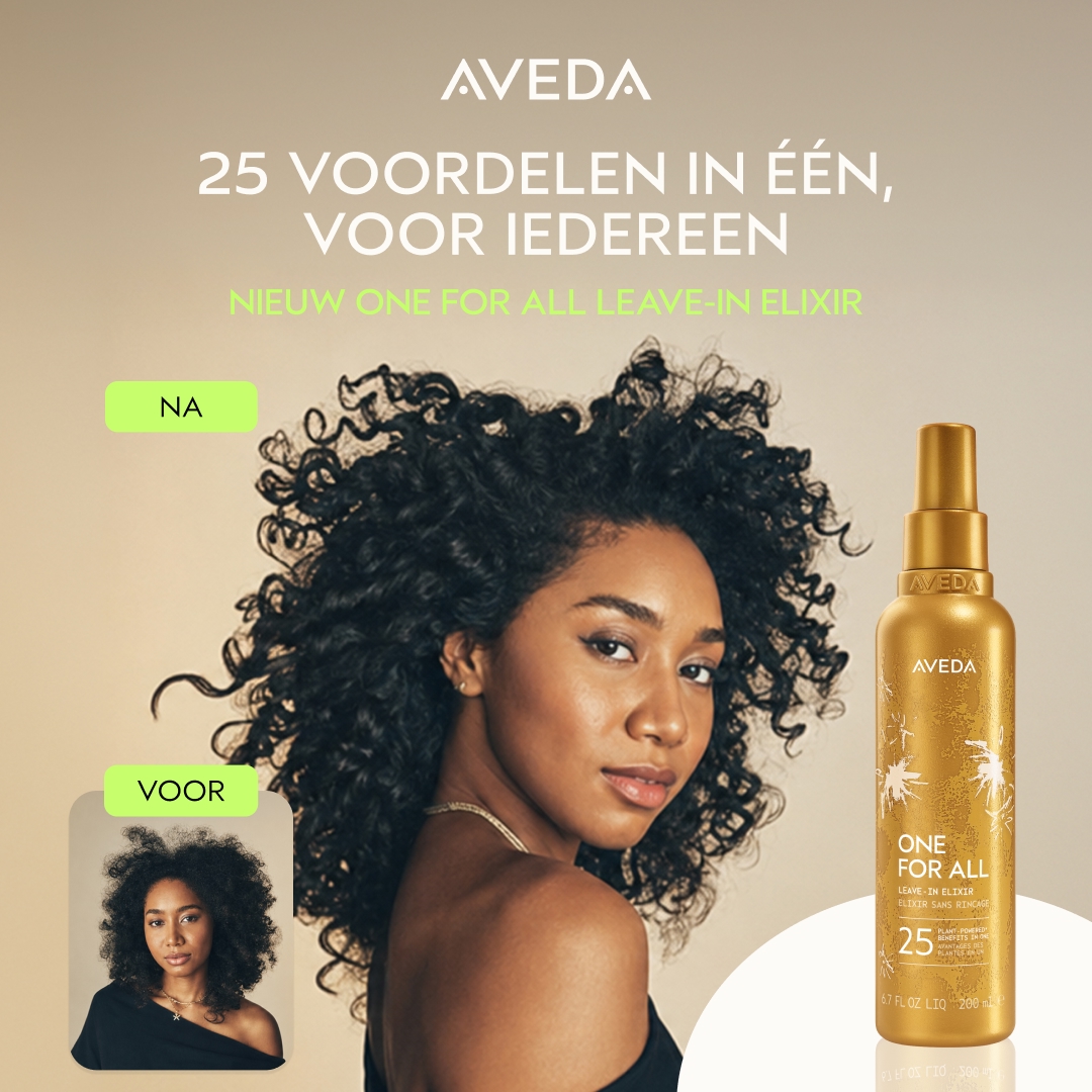 The creative features a split image showing a woman's hair before and after using a product. The 'before' image shows her hair in its natural, curly state, while the 'after' image displays her hair with enhanced volume and definition. A bottle of Aveda's 'One For All Leave-In Elixir' is prominently displayed on the right side of the image. Text overlays highlight the product's benefits and introduce it as 'Nieuw One For All Leave-In Elixir. Met 25 voordelen voor alle haartypes.'