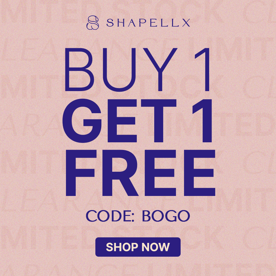 The creative is a text-only ad with a "BUY 1 GET 1 FREE" headline in large, bold, dark blue sans-serif font against a light pink textured background. Below the main headline, it reads "CODE: BOGO" and then a "SHOP NOW" button in the same dark blue color. The Shapellx logo is positioned at the top center of the creative.