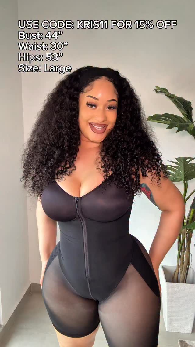 A woman is shown wearing a black full-body bodysuit. Text overlays on the image provide a discount code, "KRIS11", for 15% off, along with her measurements: Bust 44", Waist 30", Hips 53", and Size: Large. The background is a plain wall with a potted plant to the right. The overall presentation is a product showcase with promotional information.
