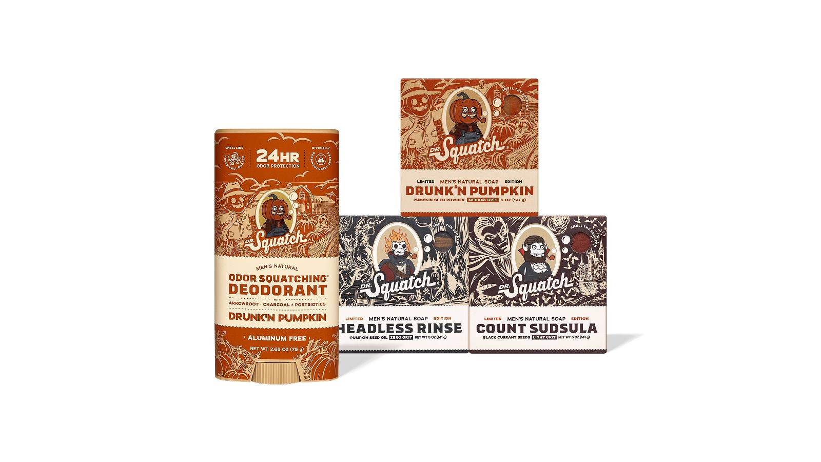 The creative displays three Dr. Squatch products: a deodorant and two bars of soap, all with Halloween-themed packaging. The deodorant is on the left, and the two soap bars are to the right. The packaging features cartoonish illustrations of spooky characters like a pumpkin man, a vampire, and a ghost. Text overlays on the image include "24HR ODOR PROTECTION" on the deodorant and "LIMITED MEN'S NATURAL SOAP EDITION" on the soap bars, along with product names like "DRUNK'N PUMPKIN," "HEADLESS RINSE," and "COUNT SUDSULA." The overall aesthetic is playful and festive, leaning into a Halloween theme.