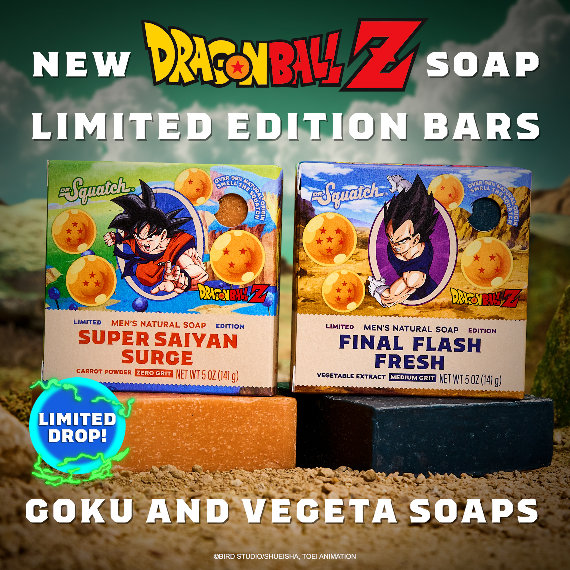 Two limited edition Dr. Squatch Dragon Ball Z soaps are displayed prominently in the foreground. The left soap features Goku with the text "SUPER SAIYAN SURGE" and the right soap features Vegeta with the text "FINAL FLASH FRESH". Above the soaps, the "DRAGON BALL Z SOAP" logo is displayed in large, bold lettering. A "LIMITED DROP!" graphic is overlaid on the bottom left of the image. The overall scene is set against a blurred, desert-like background with a green sky.