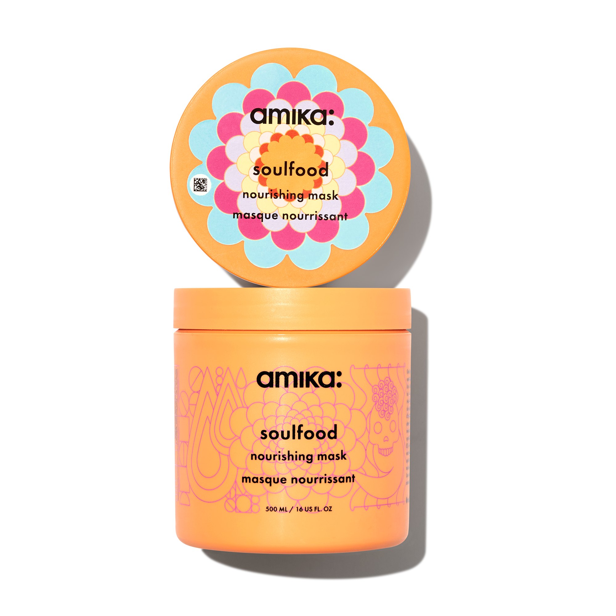 The creative displays two Amika "Soulfood Nourishing Mask" products against a white background. The top product is a smaller, round container, and the bottom is a larger tub. Both feature the Amika logo and product name in black text on an orange background, with colorful floral designs. The text "shop clinically proven haircare delivered straight to your door. spend $30 + we’ll cover the shipping." is overlaid on the image in a white, sans-serif font, positioned centrally.