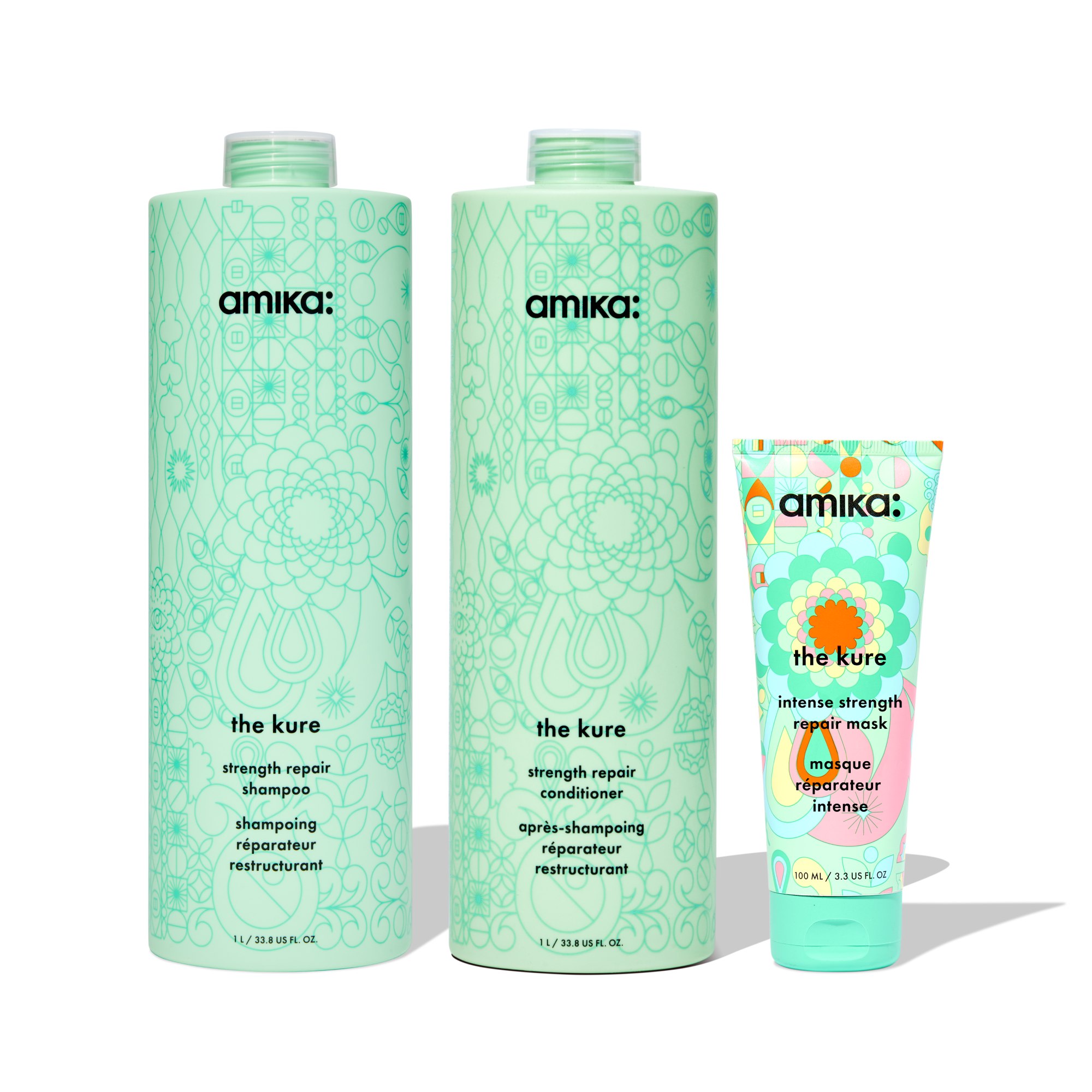 Three bottles of Amika hair products are displayed against a white background. The products are light green with intricate patterns and black text. The largest bottle on the left is labeled 'the kure strength repair shampoo'. The middle bottle is labeled 'the kure strength repair conditioner'. The smallest item on the right is a tube labeled 'the kure intense strength repair mask'. The text 'more of your faves, for less. shop value sets + save on clinically proven haircare' is overlaid on the image.