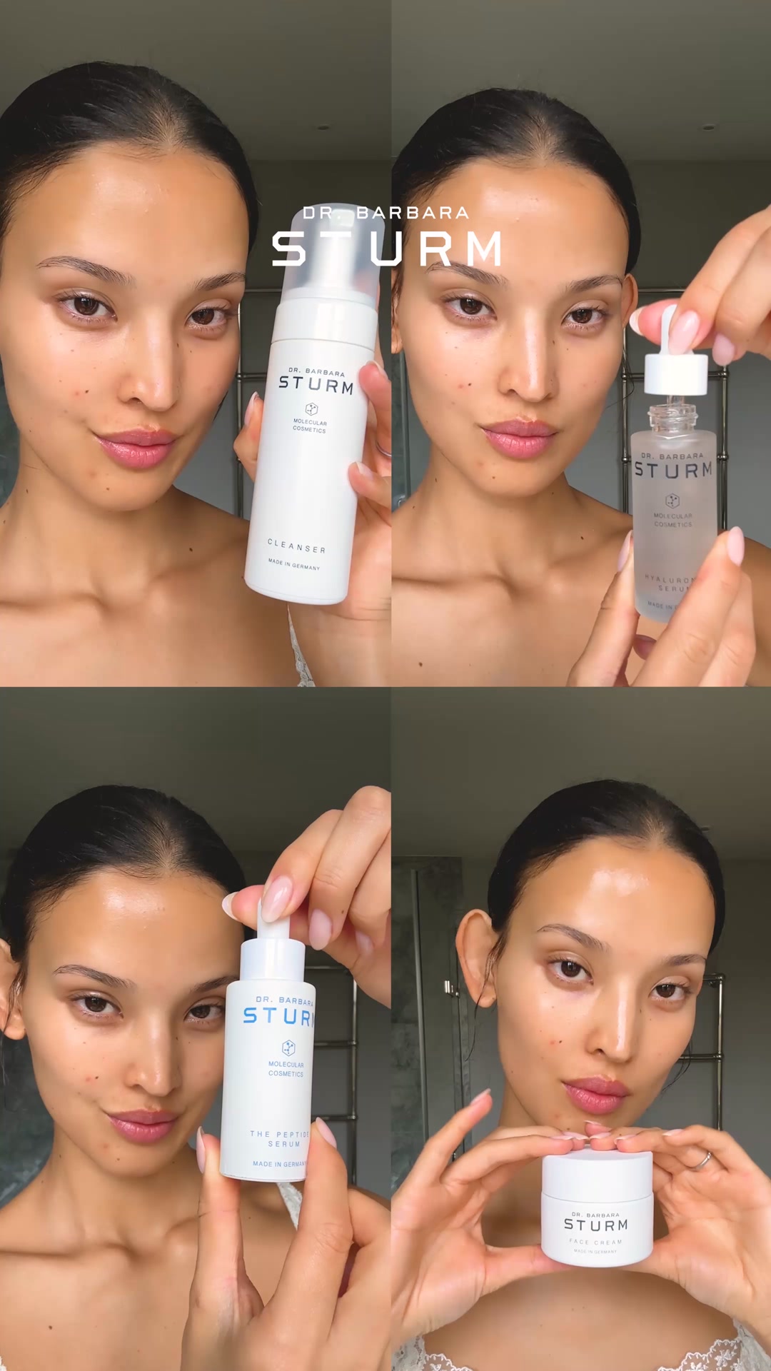 A split-screen creative displays four close-up shots of a woman holding different Dr. Barbara Sturm skincare products. In each panel, she presents a product to the camera, showcasing a cleanser, a hyaluronic serum, a peptide serum, and a face cream. On-screen text overlays the visuals, introducing "The Peptide Serum by Dr. Barbara Sturm" and prompting the viewer to discover it.