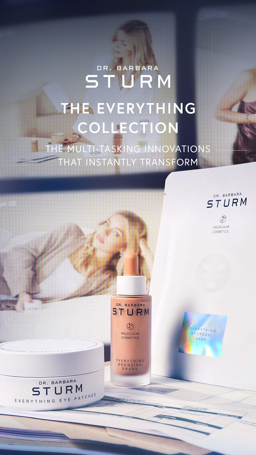 The creative showcases Dr. Barbara Sturm skincare products, including eye patches, bronzing drops, and a hydrogel mask, arranged on a surface with papers. The background features blurred images of women, possibly in a studio or office setting, with text overlays. The main text highlights "THE EVERYTHING COLLECTION" and "THE MULTI-TASKING INNOVATIONS THAT INSTANTLY TRANSFORM," emphasizing the transformative qualities of the products.