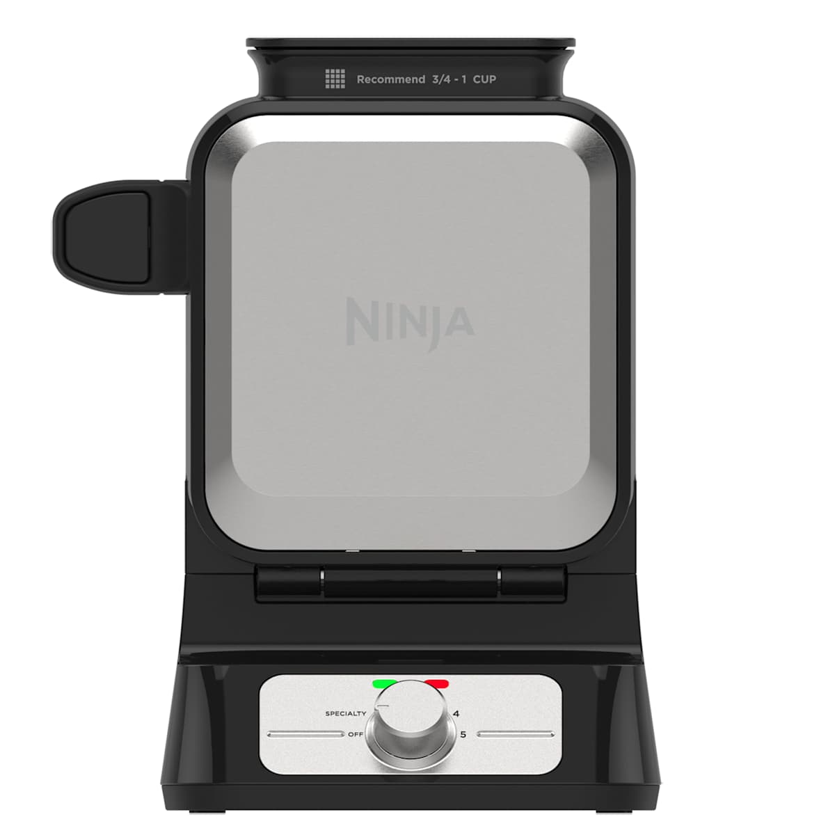 A front-facing, eye-level shot of a black Ninja waffle maker. The waffle maker is closed, and the Ninja logo is visible on the top plate. A dial on the front has settings for 'OFF', 'SPECIALTY', and numbers 4 and 5. A green light is illuminated above 'SPECIALTY'. Text overlaying the image reads: "Cook without compromise with Ninja appliances."