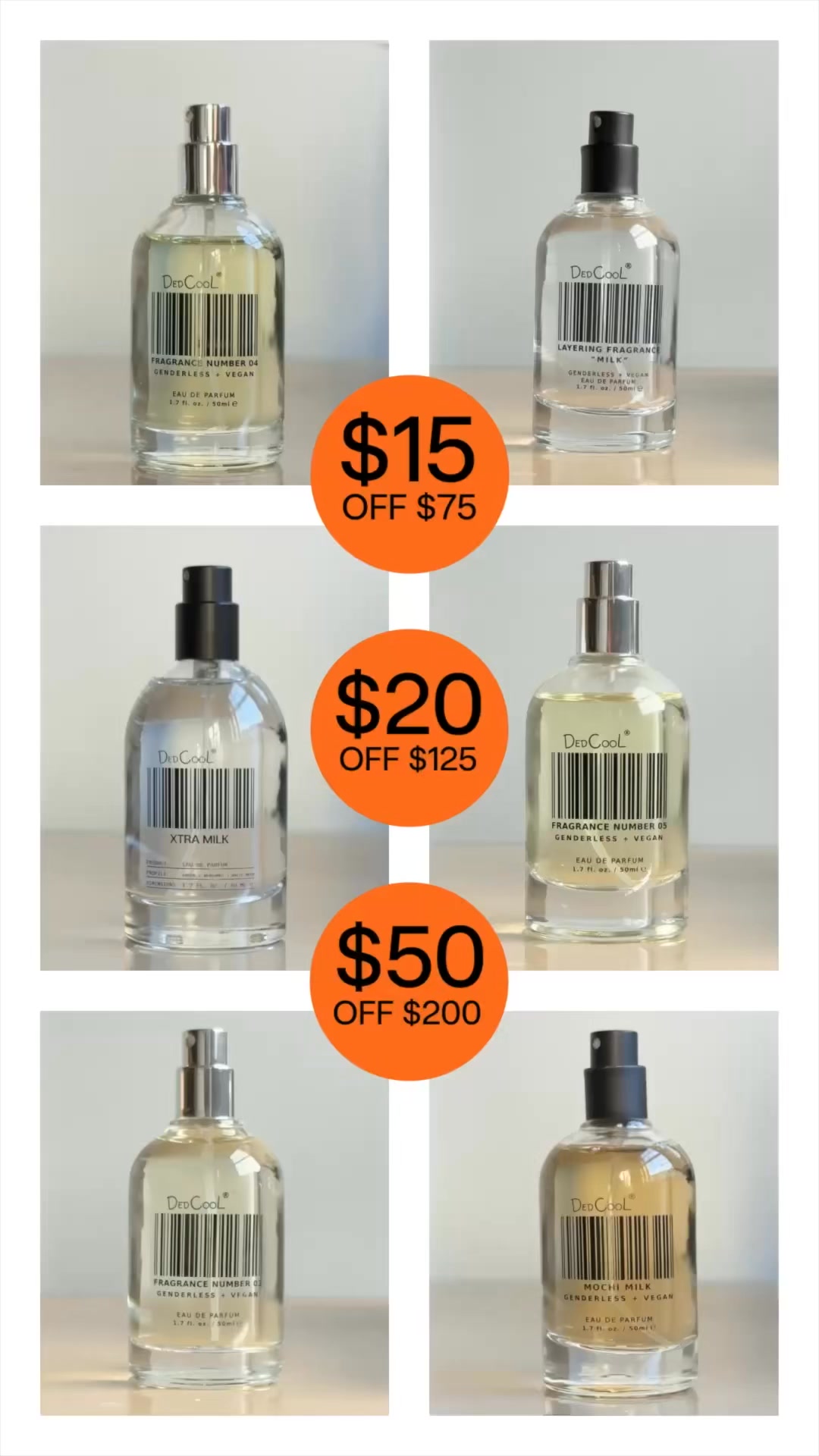 A collage of six perfume bottles arranged in two columns and three rows. Three orange circles with white text are overlaid on the image, indicating discounts: '$15 OFF $75', '$20 OFF $125', and '$50 OFF $200'. The bottles are clear glass with silver caps and feature minimalist labels with barcodes and brand names like 'DedCool'. The overall presentation highlights various discount offers on the products.