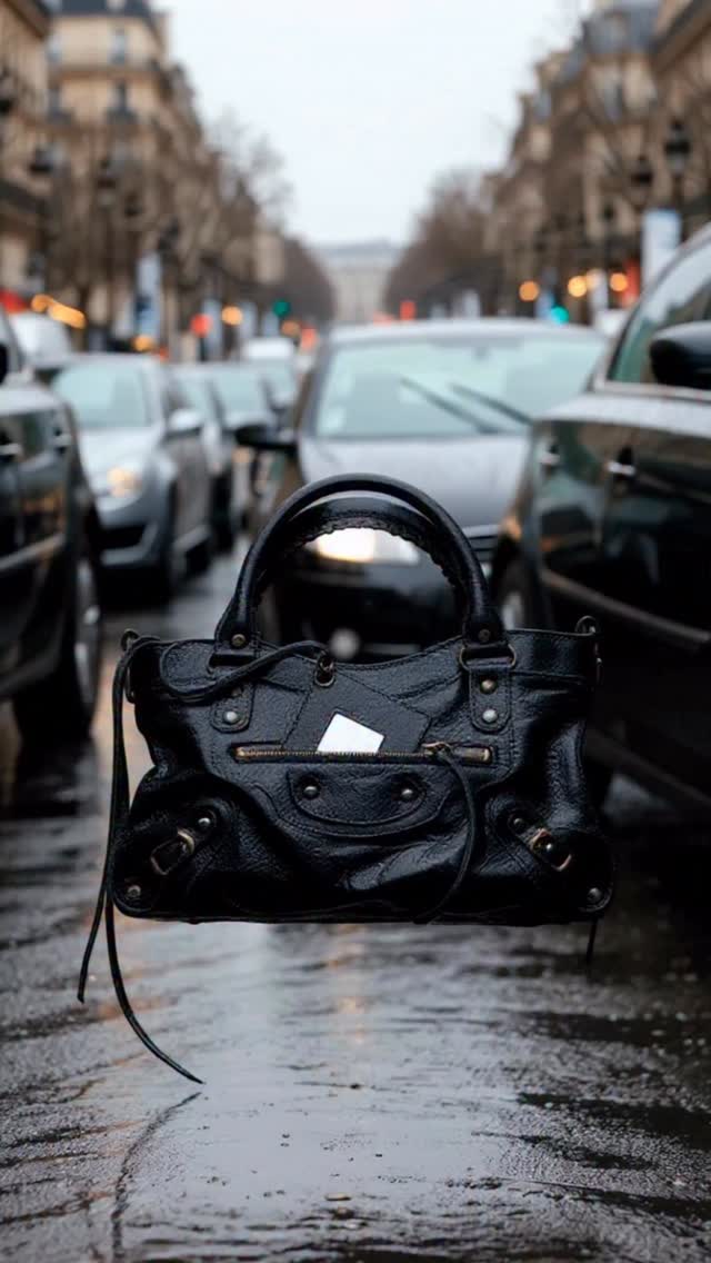 A black Balenciaga handbag is displayed prominently in the foreground, seemingly floating above a wet, reflective street. The background is blurred, showing a traffic jam on a European-style boulevard with trees and buildings lining the street. Text overlays the image, announcing "Le City First Bag" as the product's name. The overall impression is one of urban sophistication and a focus on the iconic accessory amidst a bustling city scene.