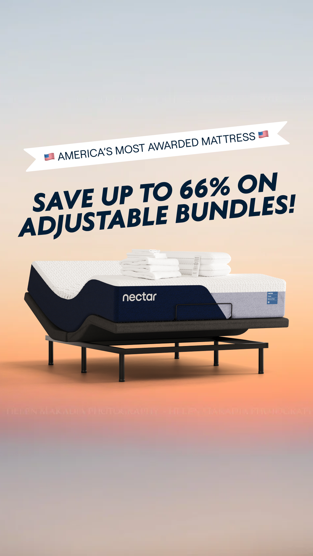 A Nectar mattress is shown on an adjustable bed frame. White towels are neatly folded on top of the mattress. The background is a soft gradient of orange and blue. Across the top of the image, a banner reads "AMERICA'S MOST AWARDED MATTRESS" with an American flag emoji. Large, bold text overlaying the image states "SAVE UP TO 66% ON ADJUSTABLE BUNDLES!"