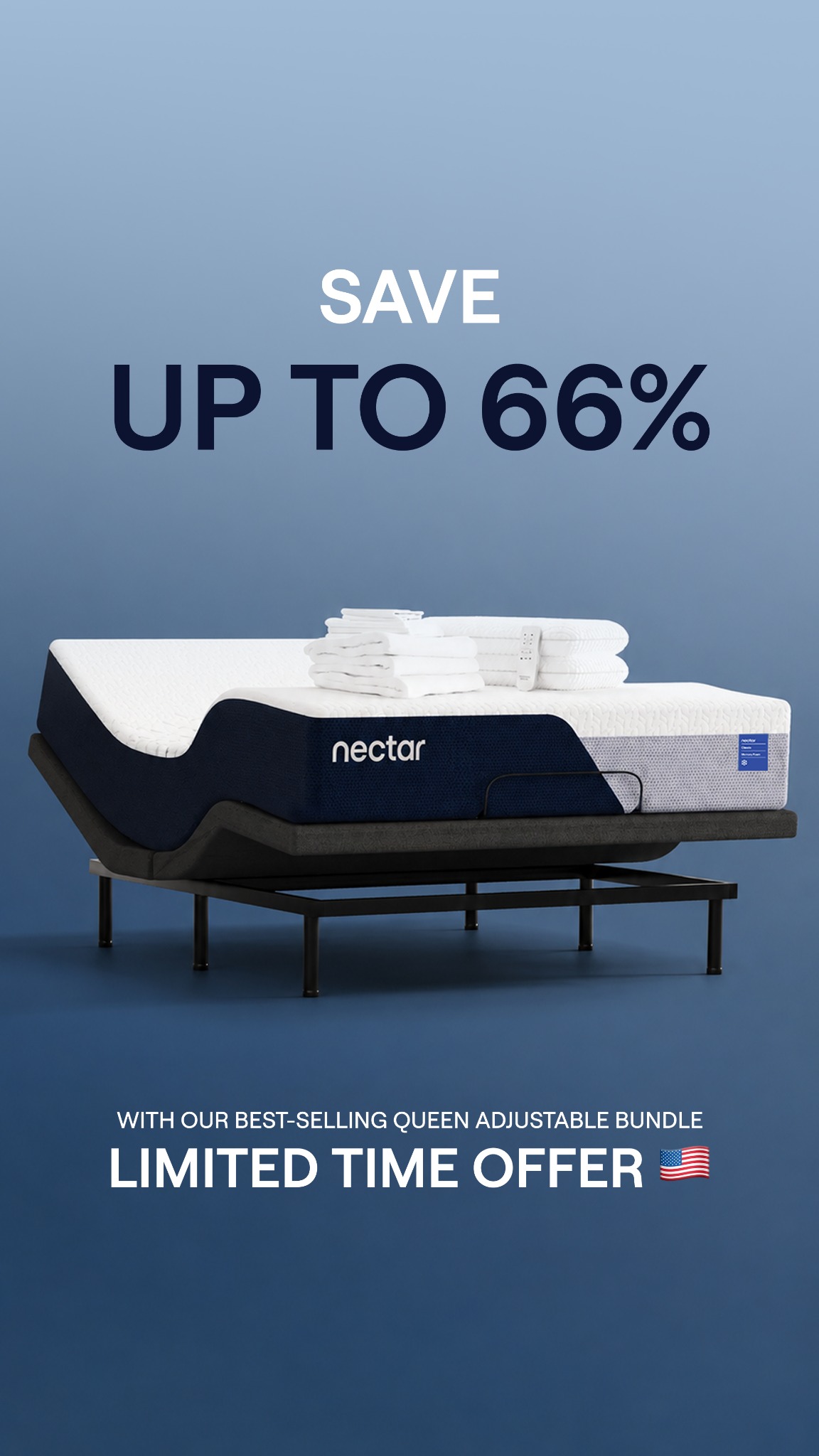 A Nectar mattress is shown on an adjustable base, with folded white towels on top of the mattress. The background is a solid blue-grey color. Large white text at the top of the image reads "SAVE UP TO 66%". Below the mattress, white text reads "WITH OUR BEST-SELLING QUEEN ADJUSTABLE BUNDLE LIMITED TIME OFFER" with an American flag emoji at the end.