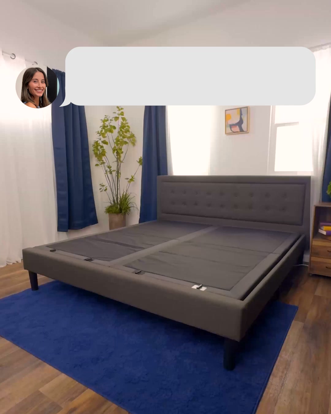 A woman is shown smiling in the upper left corner of the frame, with a speech bubble overlaying the top portion of the image. The main visual is a bed frame with a tufted headboard, set up in a bedroom. Dark blue curtains frame the background, and a potted plant sits to the left of the bed. Text overlays on the image announce "Nectar's Labor Day Offer" and "Save Up To 66% On Adjustable Bundles."