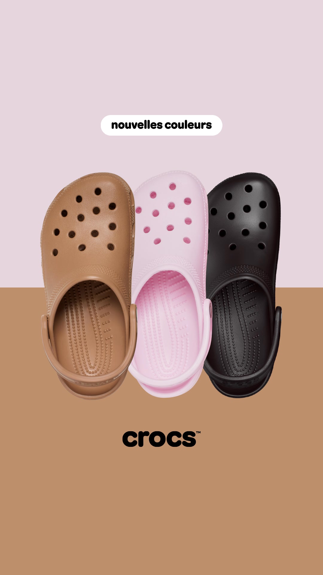 Three Crocs shoes in different colors (tan, pink, and black) are displayed in a close-up shot against a gradient background that transitions from light pink to brown. The shoes are arranged diagonally, with the tan one in the front left, the pink one in the middle, and the black one in the back right. The text "nouvelles couleurs" is displayed in a white, rounded rectangle above the shoes. The Crocs logo is visible at the bottom center of the image.