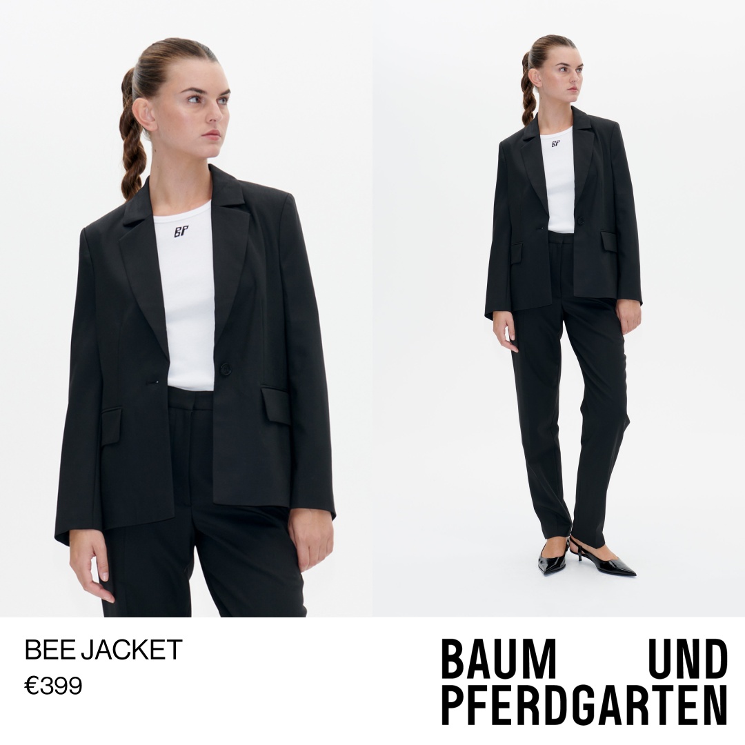 A split-screen image features a model wearing a black Baum und Pferdgarten blazer and matching trousers. The left side shows a close-up of the model from the waist up, looking to the side. The right side shows the full body of the model standing and looking forward. The text "BEE JACKET" and "€399" are displayed on the bottom left, with the brand name "BAUM UND PFERDGARTEN" on the bottom right. The hook, "Shop your new favourite styles you'll wear season after season," is overlaid on the image, suggesting timeless fashion.