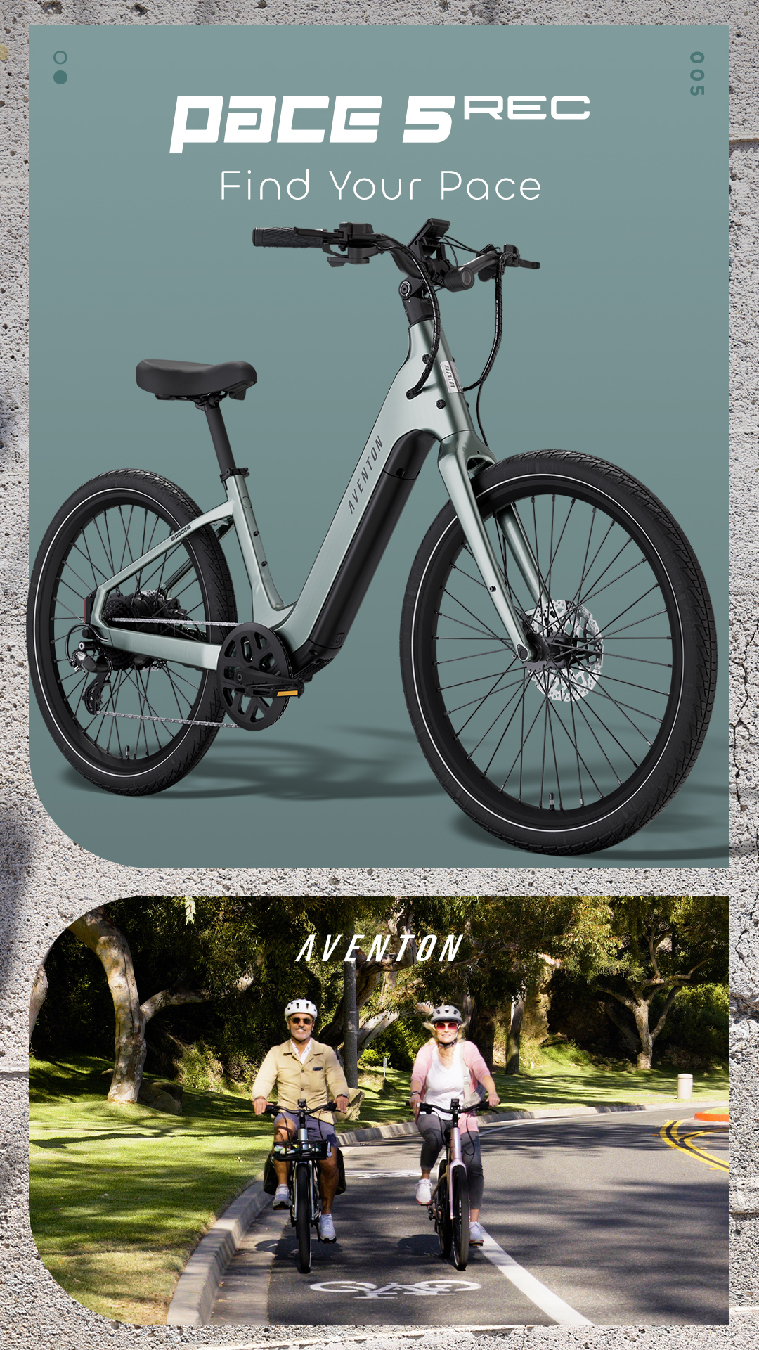 The top half of the creative features a light grey Aventon Pace 5 REC electric bike against a teal background. The text "PACE 5 REC" is displayed prominently in white, with the tagline "Find Your Pace" below it. The bottom half shows a smiling older couple, a man and a woman, riding Aventon electric bikes on a sunny paved path lined with trees. The Aventon logo is visible above them. The overall impression is of a comfortable and enjoyable riding experience for mature individuals.