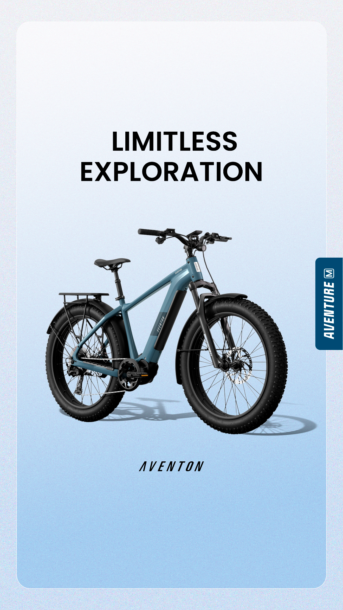 A teal fat-tire electric bicycle is shown against a light blue gradient background. The text "LIMITLESS EXPLORATION" is displayed prominently in black capital letters above the bicycle. The brand name "AVENTON" is visible in black text below the bicycle. A vertical blue bar with the text "AVENTURE M" is on the right side of the image.