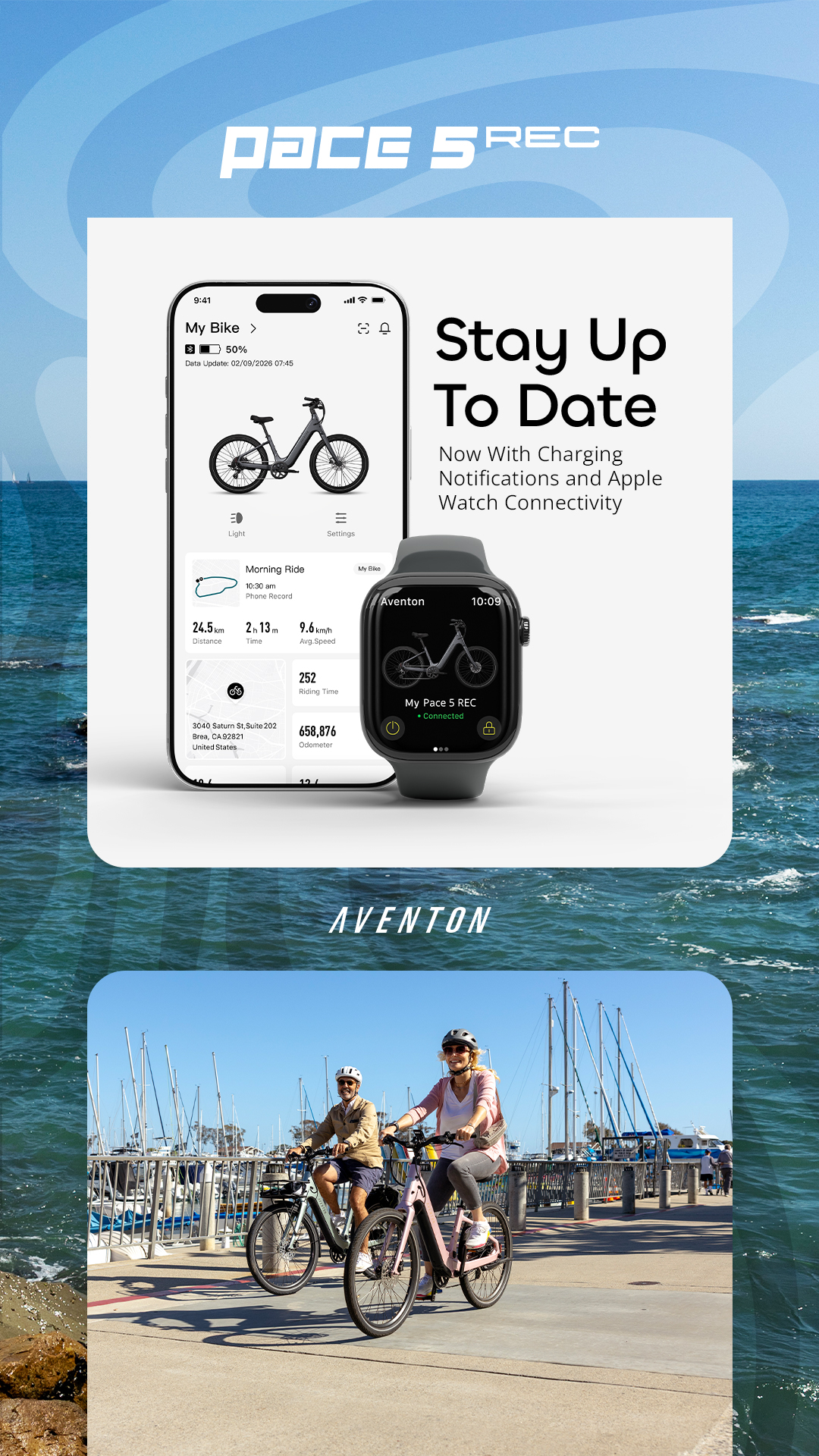The creative features a split screen. The top half shows a smartphone and an Apple Watch displaying an e-bike app interface with ride statistics and connectivity features. The text overlay reads "Stay Up To Date Now With Charging Notifications and Apple Watch Connectivity". The bottom half shows a couple riding Aventon e-bikes along a marina boardwalk on a sunny day. The Aventon logo is visible at the bottom center.