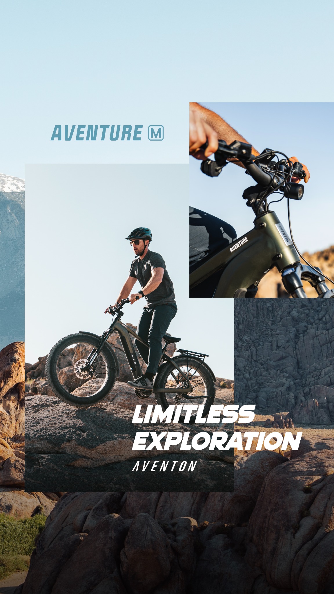 A split image collage features a man riding an Aventon e-bike on a rocky terrain. The top left shows a mountain landscape, the top right shows a close-up of the bike's handlebars and the rider's hand. The main image shows the man on the bike, wearing a helmet and sunglasses. The bottom of the image has the text "LIMITLESS EXPLORATION" in large white font, with "AVENTON" in a smaller font below it. The overall aesthetic is adventurous and outdoorsy.
