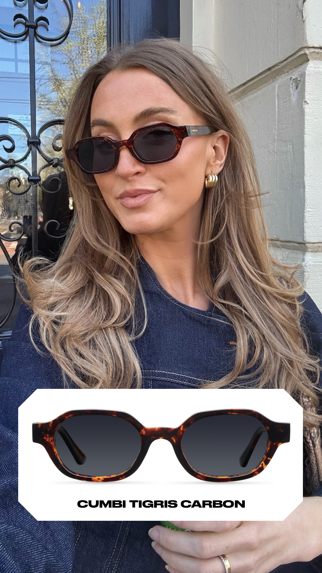 A woman wearing sunglasses and a denim jacket is shown from the chest up. The sunglasses have a tortoiseshell frame and dark lenses. Below the woman's image, a close-up product shot of the same sunglasses is displayed against a white background. The text "CUMBI TIGRIS CARBON" is overlaid on the bottom of the product shot.