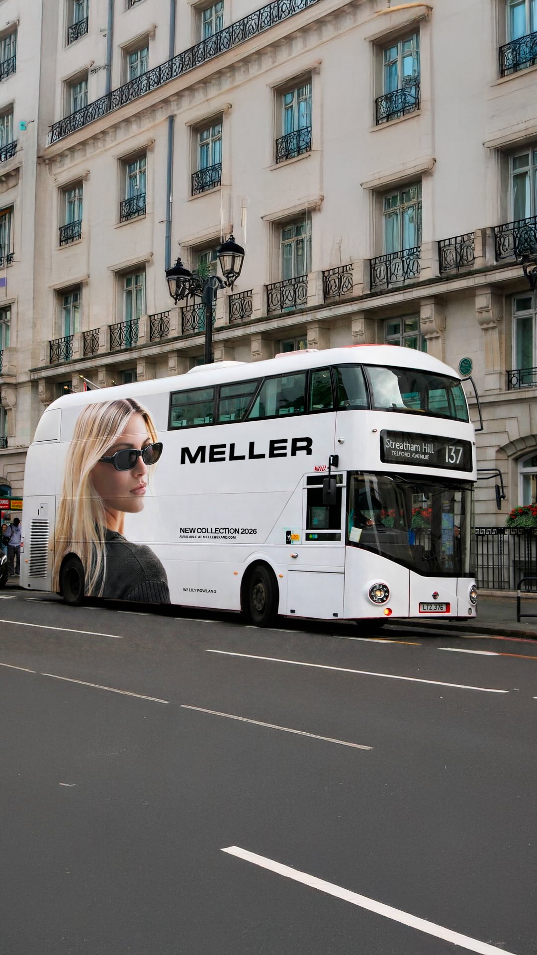 A double-decker bus drives down a city street, featuring a large advertisement for Meller. The ad displays a close-up of a blonde woman wearing sunglasses and a dark sweater, with the text "MELLER NEW COLLECTION 2026 AVAILABLE AT MELLERBRAND.COM W/ LILY ROWLAND" prominently featured. The bus itself is white with the Meller logo and collection details printed on its side. The copy "No cuts. No VFX. Just cardio." is overlaid on the image, directly addressing the viewer.