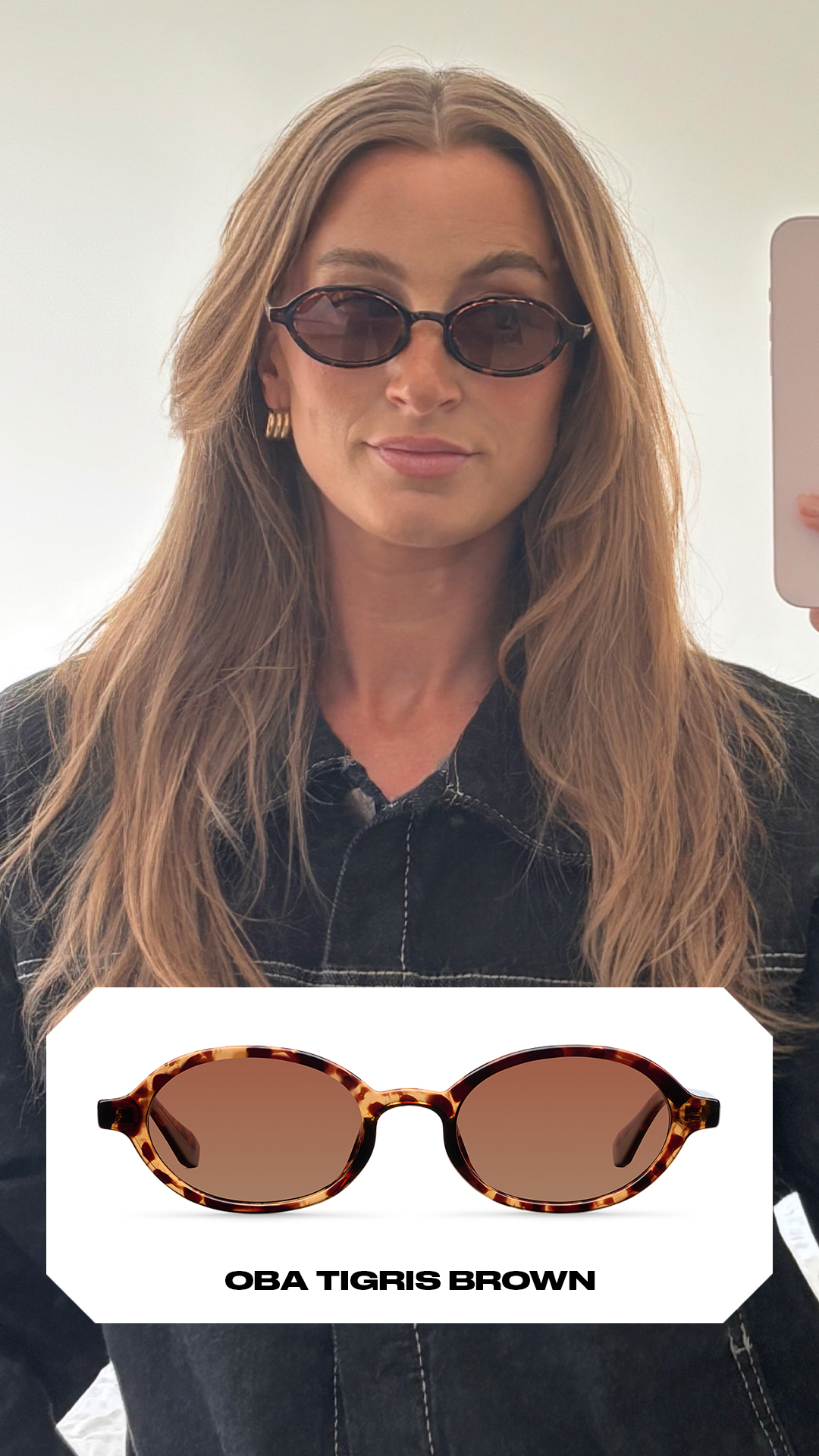 A woman with long blonde hair is shown wearing oval-shaped sunglasses with a tortoiseshell frame. Below her, a close-up image of the sunglasses is displayed against a white background. The text "OBA TIGRIS BROWN" is overlaid on the bottom of the image, identifying the product name and color.