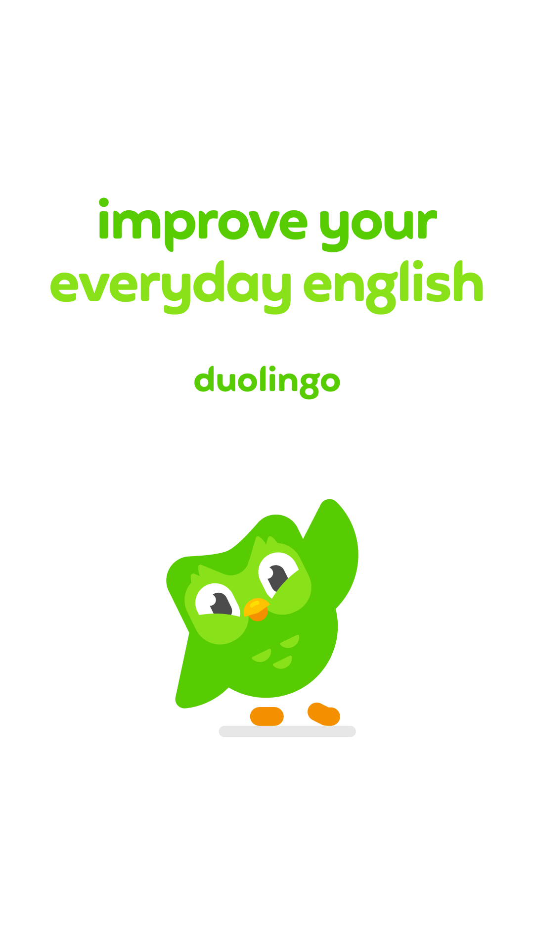 A bright green cartoon owl, the Duolingo mascot, is shown from the chest up, waving its right wing. The owl has large, expressive eyes and a small orange beak. Above the owl, the words "improve your everyday english" are displayed in a playful, green font. Below this text, the Duolingo logo is presented in a similar green hue. The background is plain white, creating a clean and focused presentation of the brand and its message.