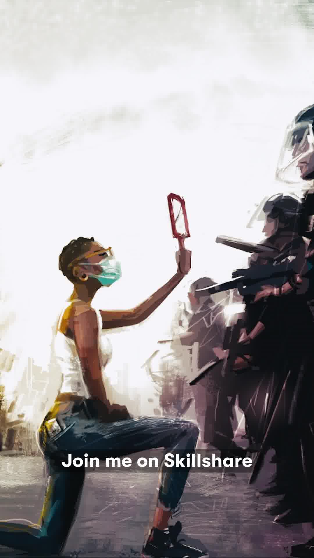 An illustration depicts a person kneeling and holding up a small red object. The person is wearing a face mask and glasses, suggesting a contemporary setting. In the background, a group of figures in riot gear are visible. White text overlaid on the bottom of the image reads "Join me on Skillshare."