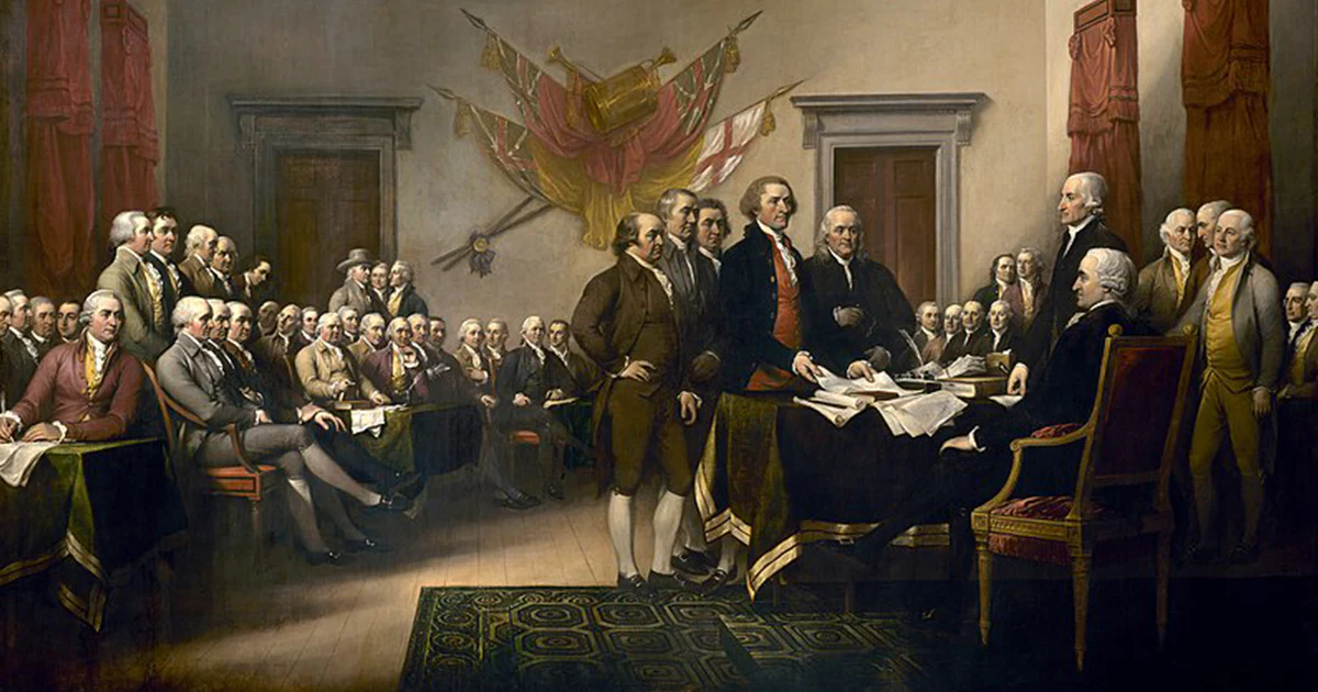 This is an illustration depicting a historical scene of men gathered in a room, likely a government assembly. The painting shows a group of men in formal 18th-century attire, some standing and others seated, engaged in discussion around a table with documents. The overall atmosphere is one of serious deliberation and historical significance, evoking a sense of important decision-making.