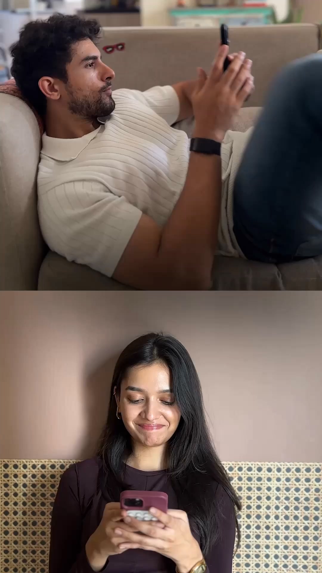 The creative is split into two horizontal panels. The top panel shows a man lying on a couch, looking to the side and holding a smartphone. He is wearing a white ribbed polo shirt. The bottom panel shows a woman looking down at her smartphone with a slight smile. She is wearing a dark purple long-sleeved shirt. The text "✔️ 2.5M+ Love Stories" is overlaid on the image, serving as the hook. Additional text "✔️Only 50% profiles get approved" and "✔️Each profile is double-verified" are also present.