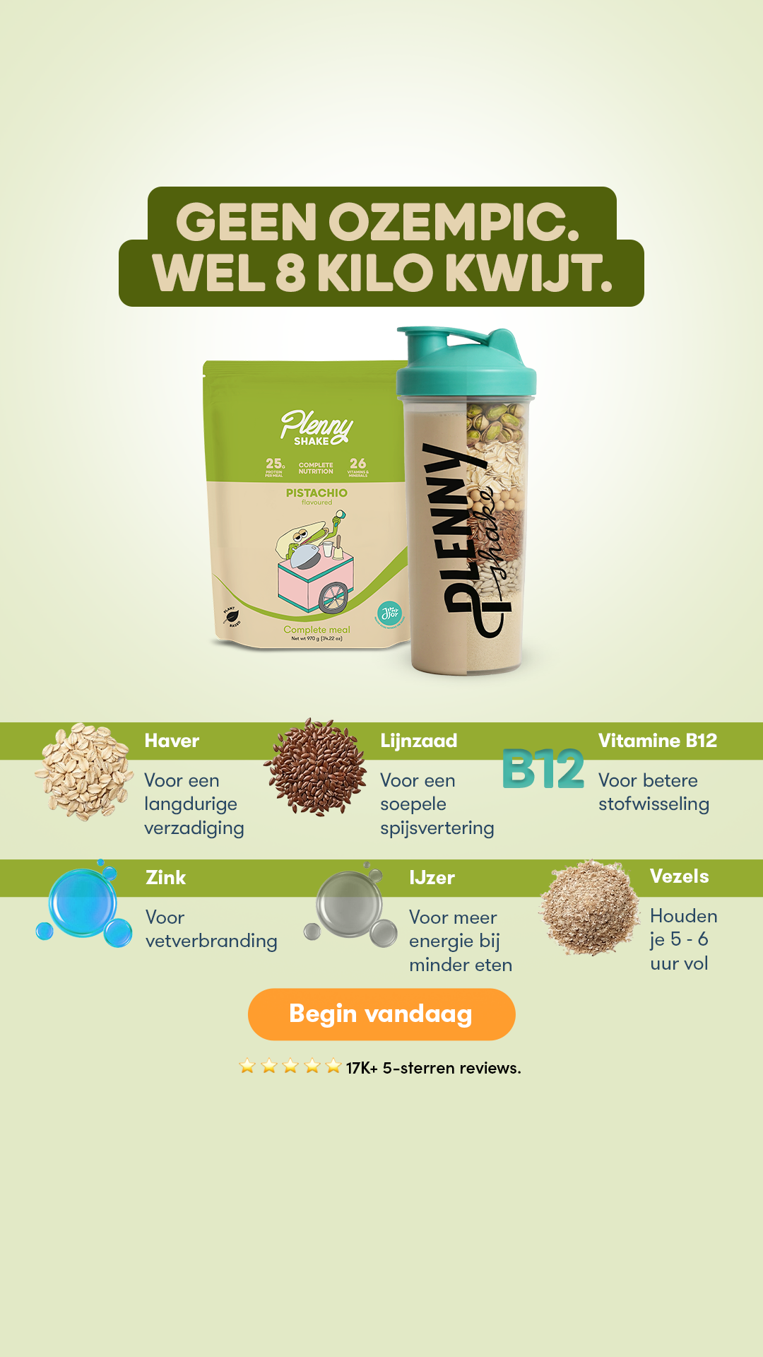 The image displays a bag of Plenny Shake and a shaker bottle filled with ingredients. Prominently featured is a bold green banner with white text stating "GEEN OZEMPIC. WEL 8 KILO KWIJT." Below this, sections highlight key ingredients like oats, flaxseed, B12, zinc, iron, and fiber, with accompanying Dutch text describing their benefits. An orange button reads "Begin vandaag," followed by a 5-star rating and "17K+ 5-sterren reviews."