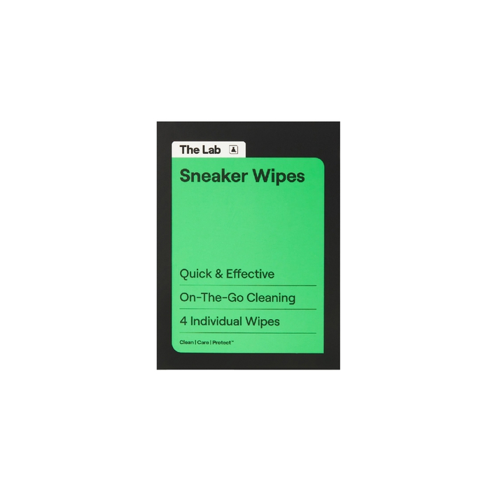 The creative is a product shot of a pack of "The Lab Sneaker Wipes". The packaging is black with a bright green rectangle on the front. Text on the green rectangle reads "Sneaker Wipes" at the top, followed by "Quick & Effective On-The-Go Cleaning" and "4 Individual Wipes". Below this, in smaller text, it says "Clean | Care | Protect". The product is presented cleanly against a white background.