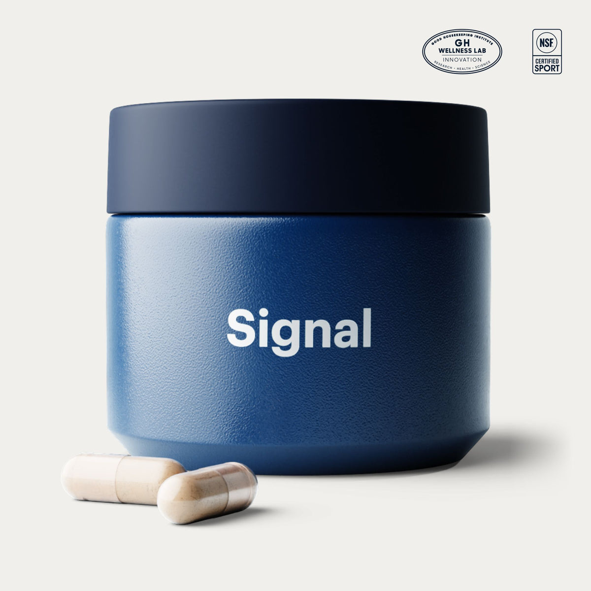 A dark blue jar with the word "Signal" in white text is shown in the center of the frame. Two beige capsules are placed in front of the jar. In the top right corner, there are two certification badges: one from the "GH WELLNESS LAB INNOVATION" and another from "NSF CERTIFIED SPORT". The background is a plain, light gray. The text overlay reads "Feel good for your age! Support healthy aging with our scientifically backed products that help:" followed by a list of benefits and a promotional offer.
