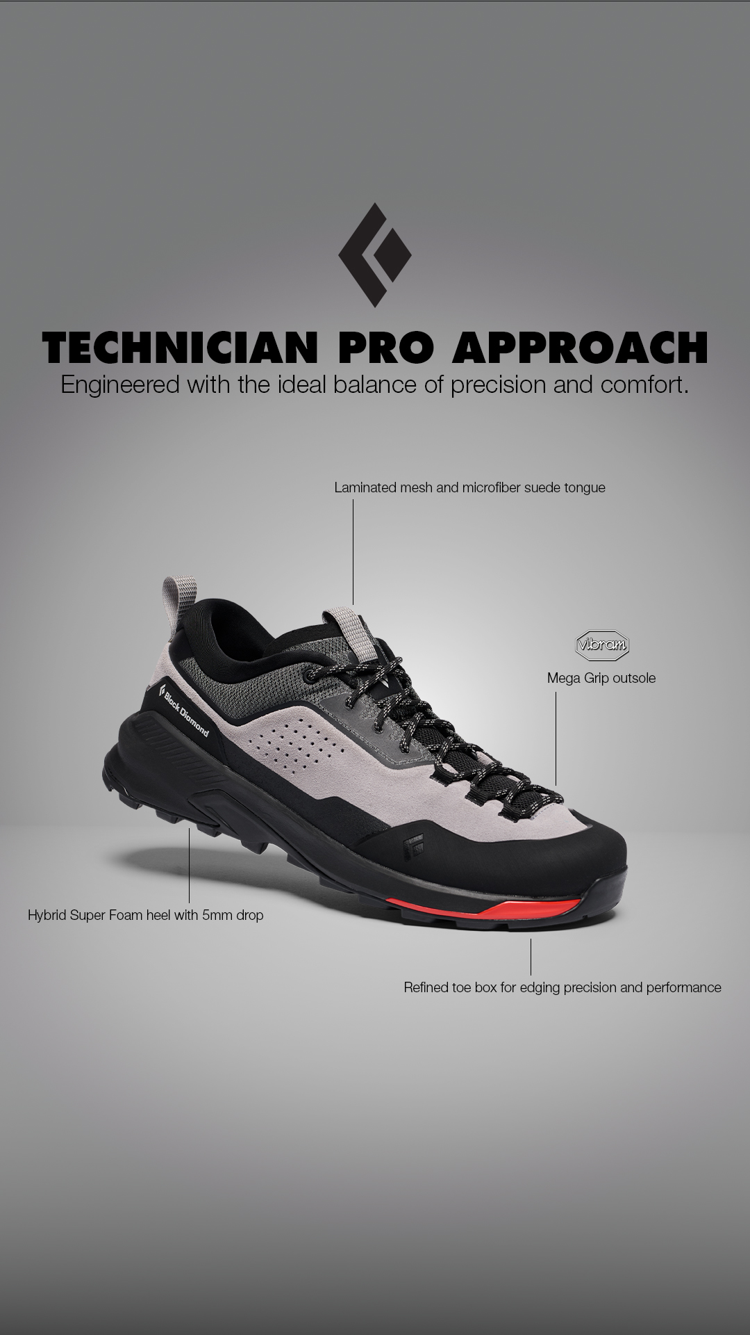 A Black Diamond climbing shoe is displayed against a grey gradient background. Text overlays highlight key features of the shoe, such as the "Laminated mesh and microfiber suede tongue," "Vibram Mega Grip outsole," "Hybrid Super Foam heel with 5mm drop," and "Refined toe box for edging precision and performance." The shoe is presented as the "TECHNICIAN PRO APPROACH," engineered for precision and comfort.