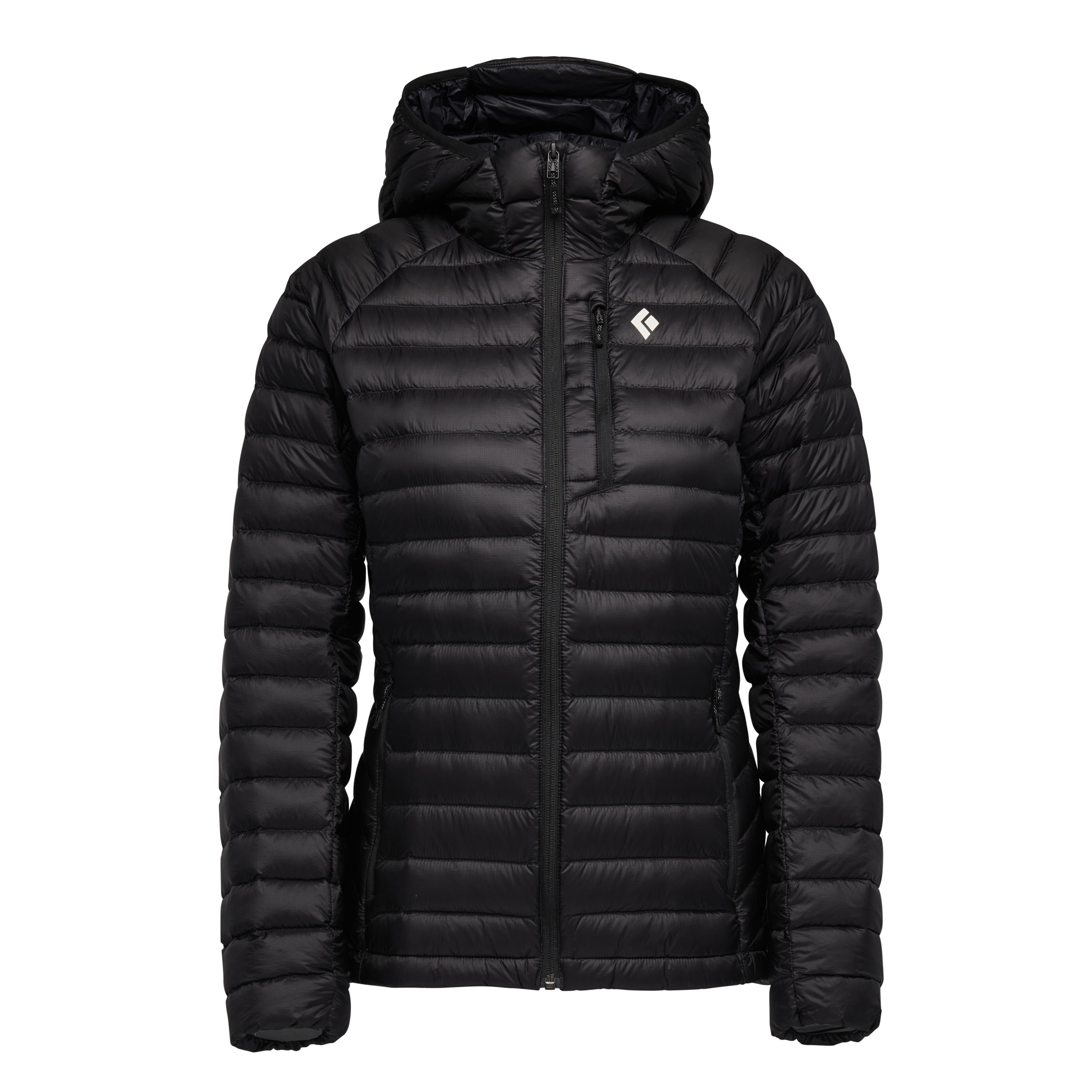 A black, hooded, puffer jacket with a zipper down the front and a zippered pocket on the chest is shown against a white background. The Black Diamond logo is visible on the left chest. Text overlays the image, stating "Don't miss what you need for your next adventure! Grab the gear you need to start chasing those summer adventures. Free Economy Shipping on orders over $99".