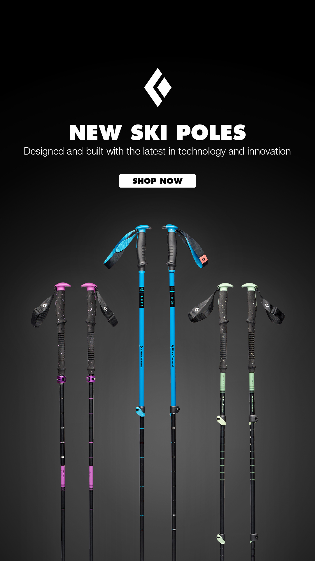The ad displays several pairs of Black Diamond ski poles against a dark background. The text "NEW SKI POLES" is prominently displayed at the top, followed by the descriptive line "Designed and built with the latest in technology and innovation." Below this, a "SHOP NOW" button is visible. The ski poles are shown in various colors, including purple, blue, and light green, with detailed shots of their grips and shafts.