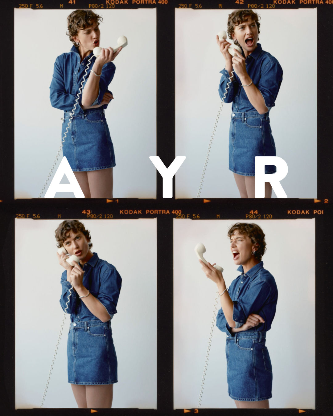A four-panel contact sheet style image features a model in a denim shirt and skirt holding a white telephone to her ear. The word "AYR" is overlaid in large white sans-serif font across the four panels. The model's expression and pose change slightly in each panel, conveying a sense of conversation or reaction. The overall aesthetic is reminiscent of vintage fashion photography.